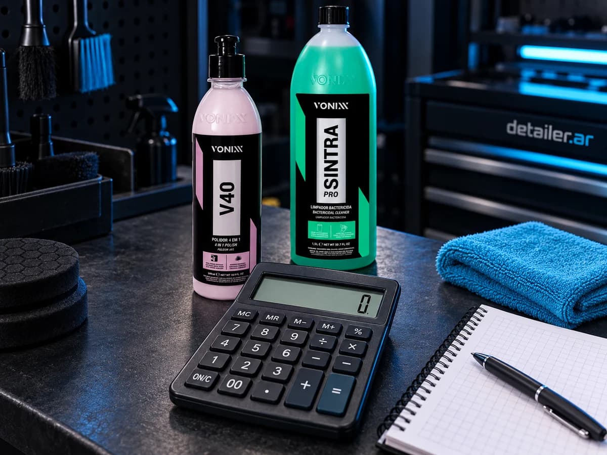 Calculadora, cuaderno y productos de detailing para calcular costos